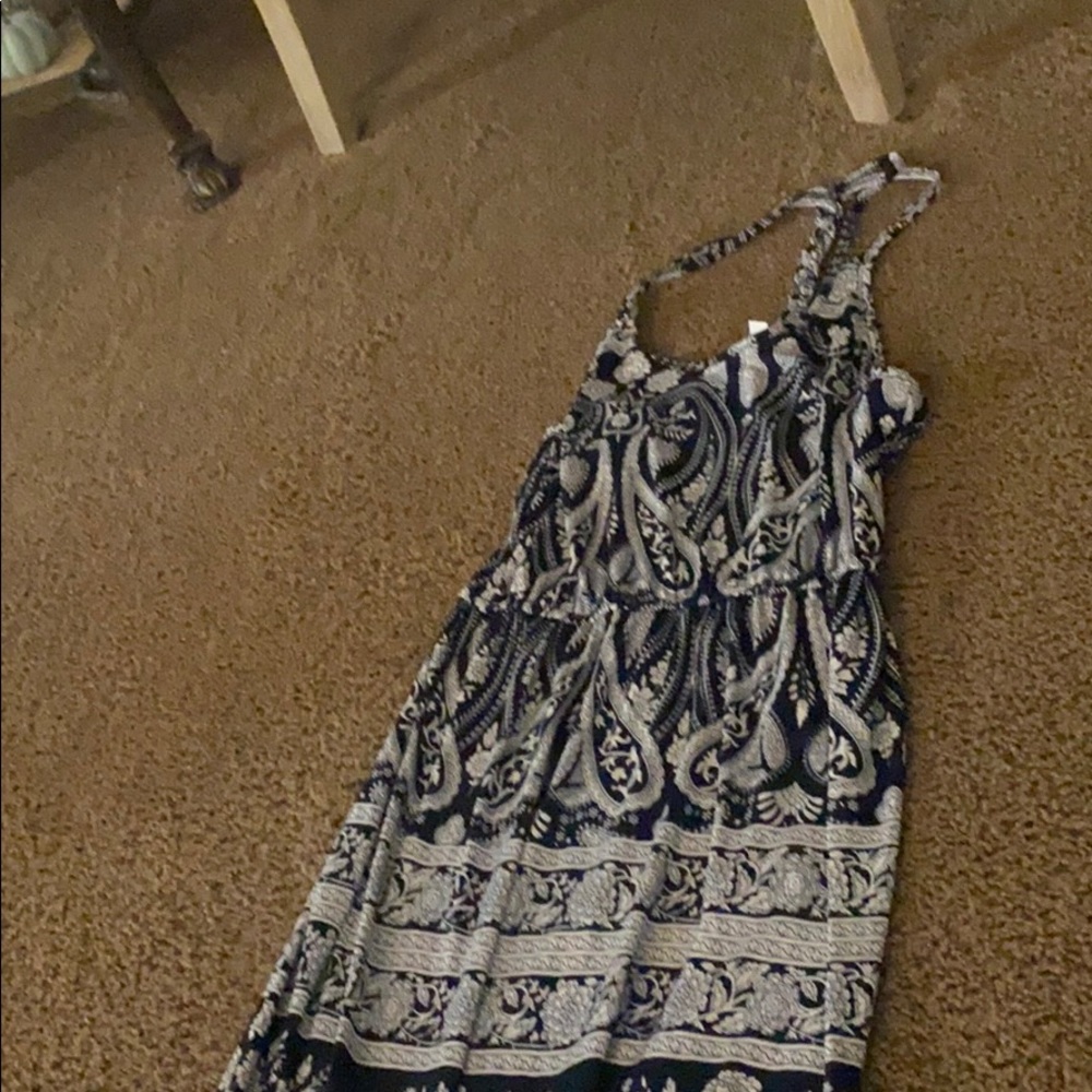 Long blue and white paisley dress